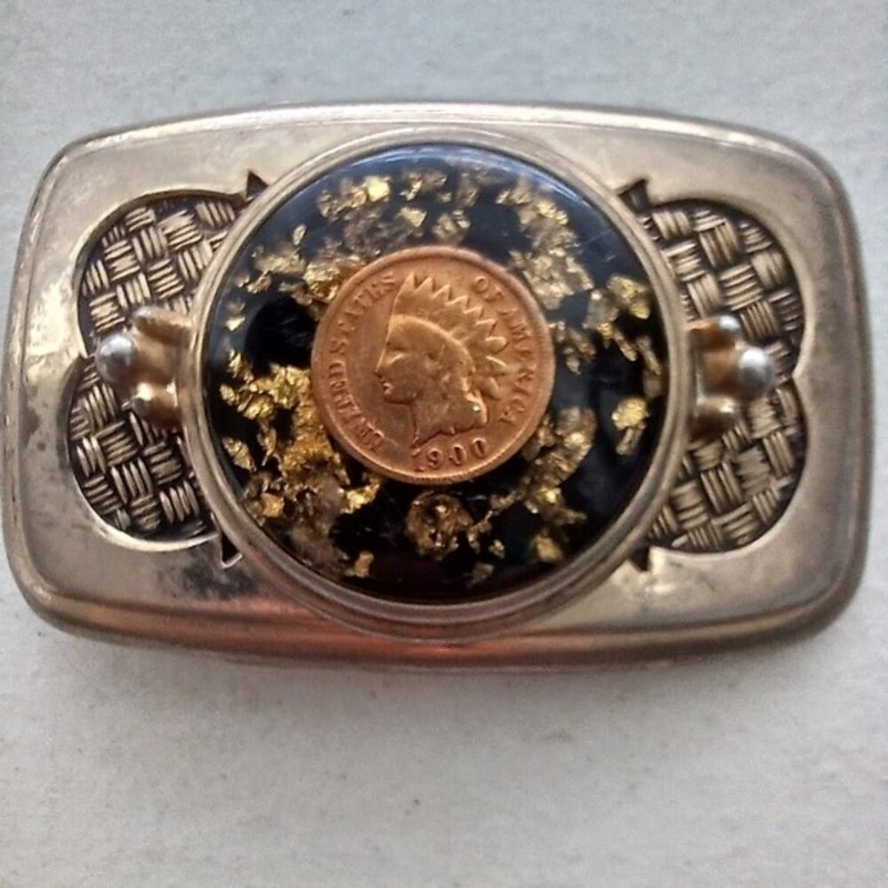 1900 Indian Head Penny Belt Buckle gold tone gold flecks and resin 3" x 2" READ